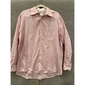 Lacoste Men Button Up Shirt Sz 44 XL Pink Stripe Long Sleeve Pocket Classic 90s